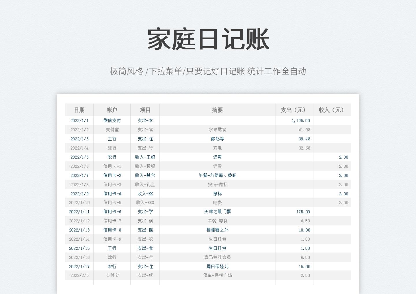 excel模板-家庭日常开销记账本