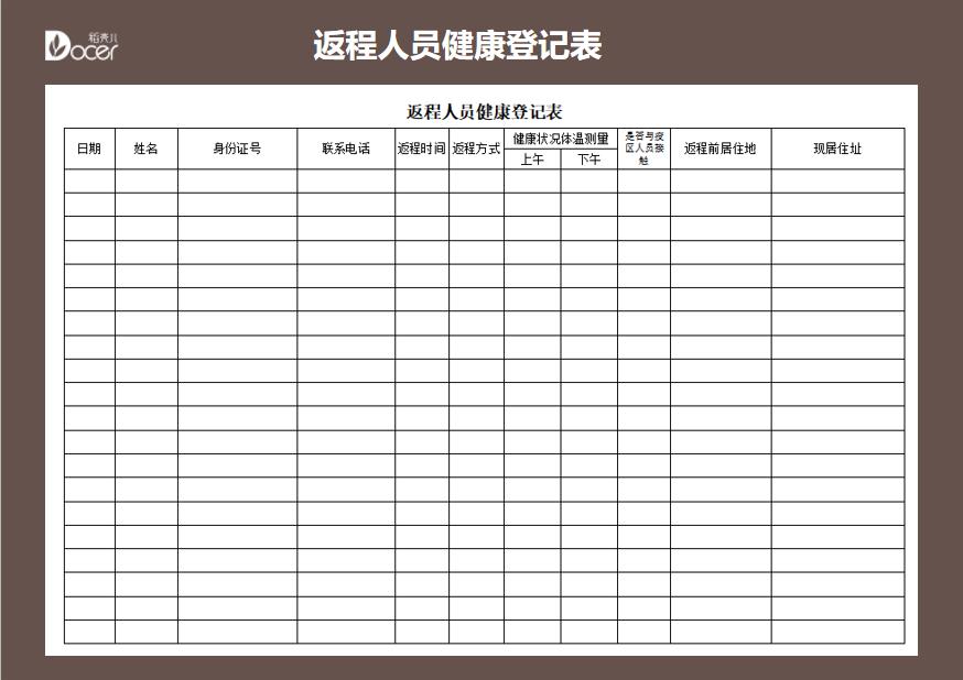 excel模板-疫情期间返程返厂人员健康登记