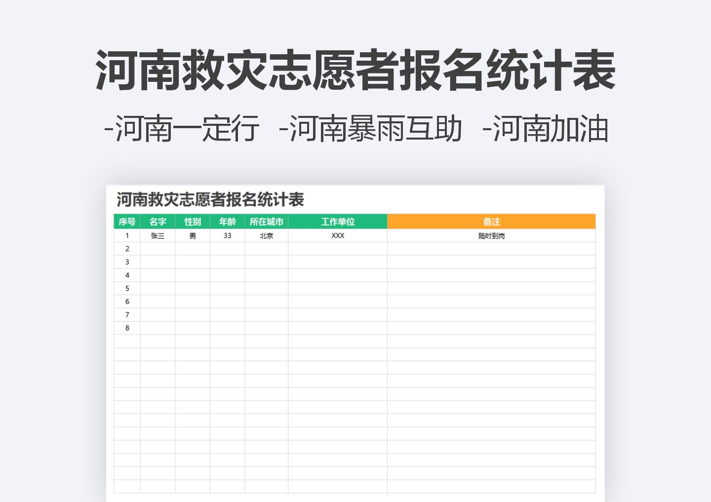 excel模板-河南救灾志愿者报名统计表