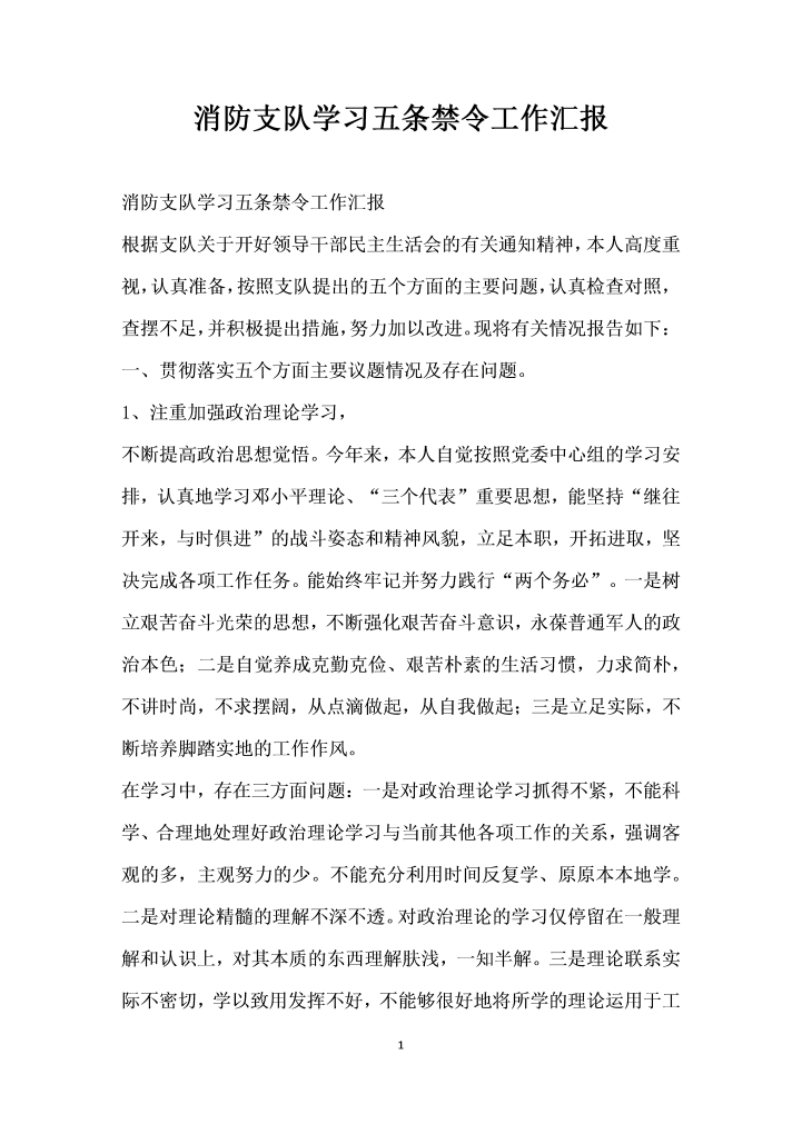 word模板-消防支队学习五条禁令工作汇报