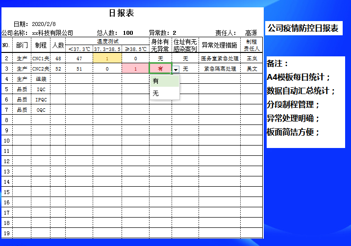 excel模板-公司疫情防控日报表
