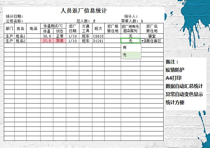 excel模板-人员返厂信息统计