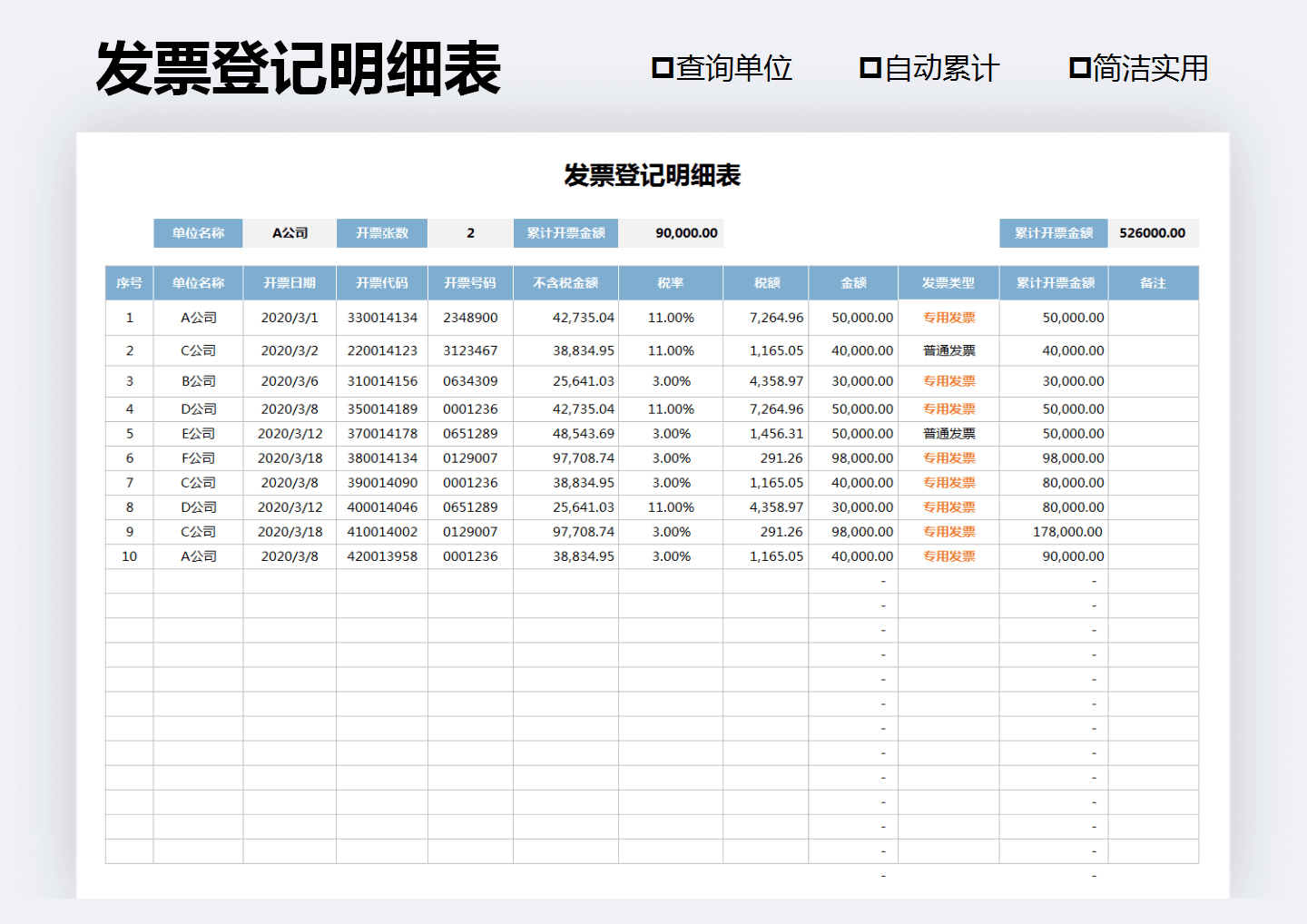 excel模板-发票明细登记表（自动按客户累计）