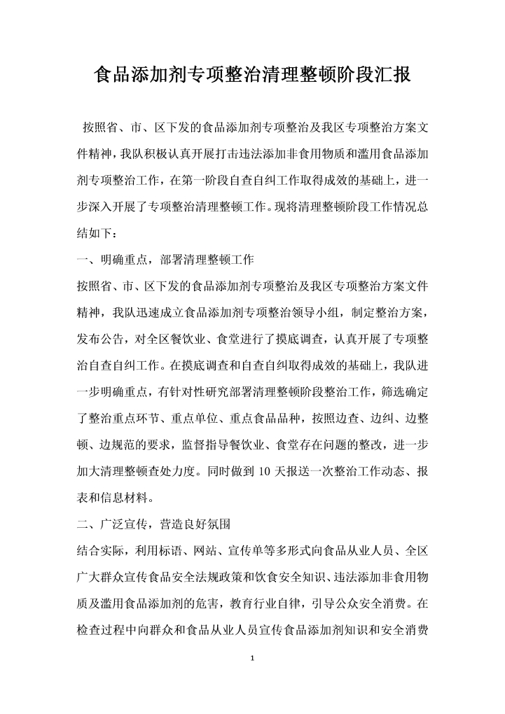 word模板-食品添加剂专项整治清理整顿阶段汇报
