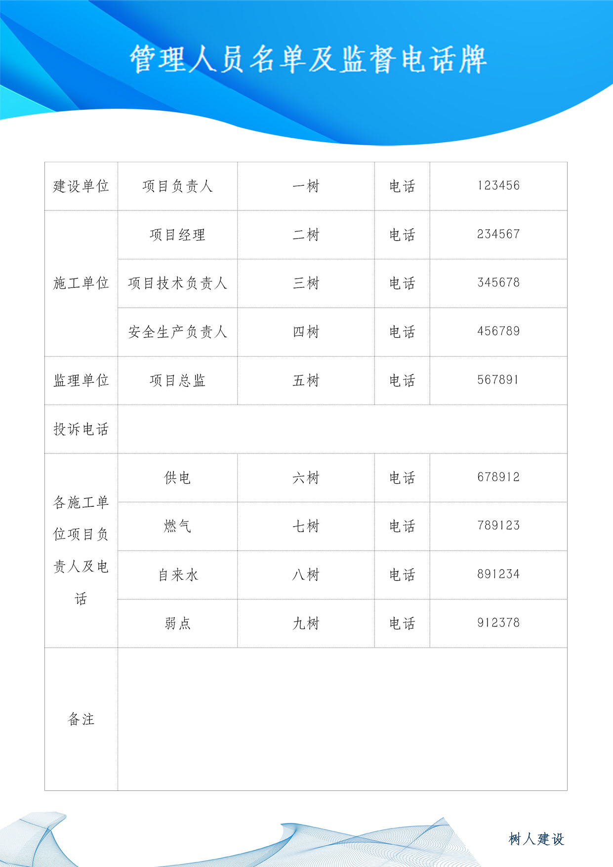 word模板-工地项目管理人员名单及监督电话