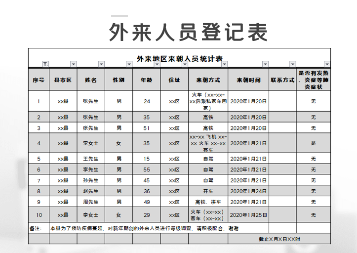 excel模板-预防冠状病毒外来人员名单