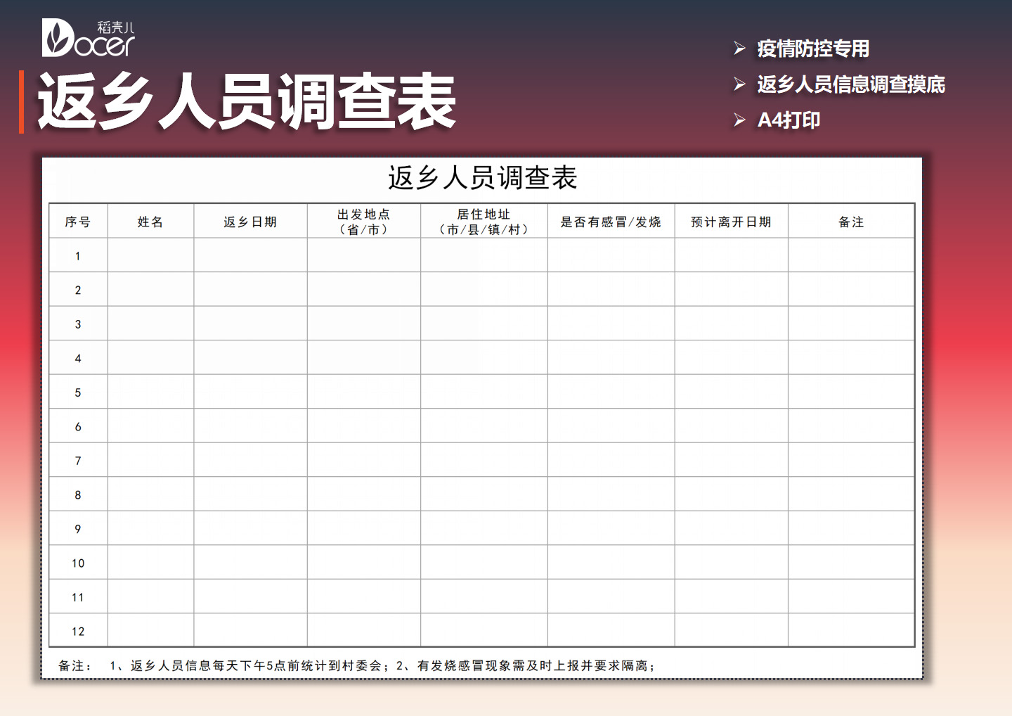 excel模板-返乡人员调查表