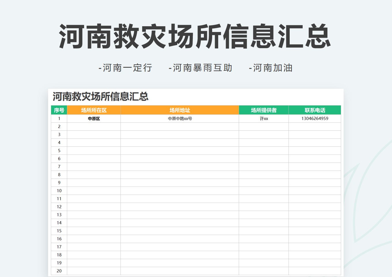 excel模板-河南救灾抗洪场所信息汇总