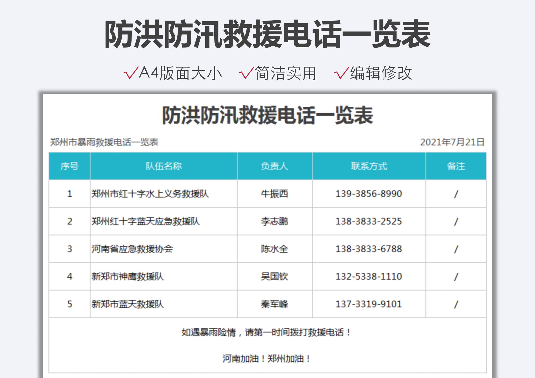 excel模板-防洪防汛救援电话一览表
