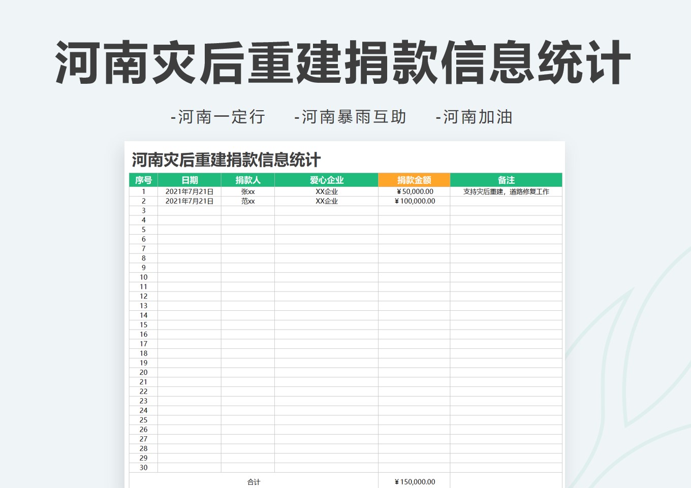 excel模板-河南抗洪灾后重建捐款信息统计