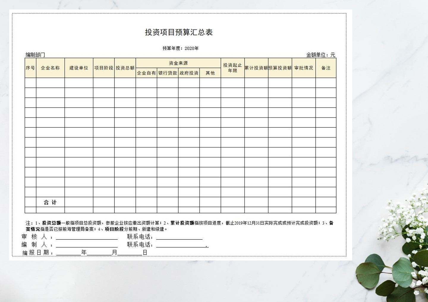 excel模板-投资项目预算汇总表