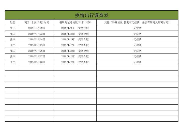 excel模板-疫情出行调查表