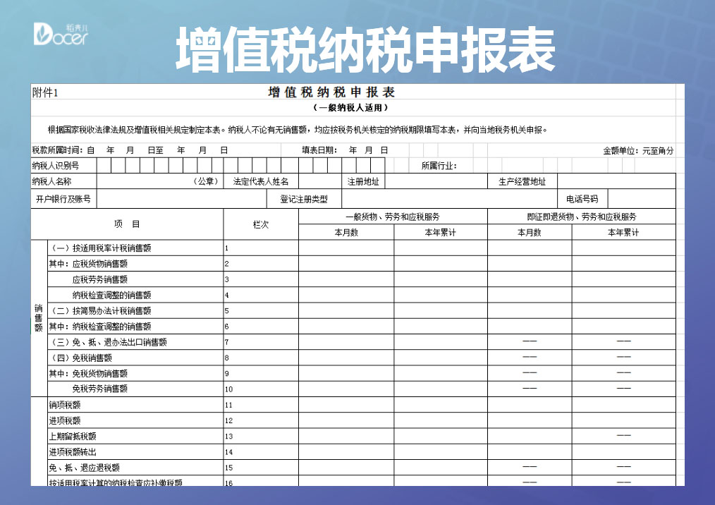 excel模板-增值税申报表（主表和附表一至四）