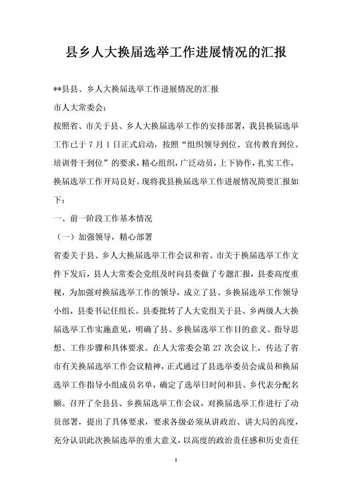 word模板-县乡人大换届选举工作进展情况的汇报
