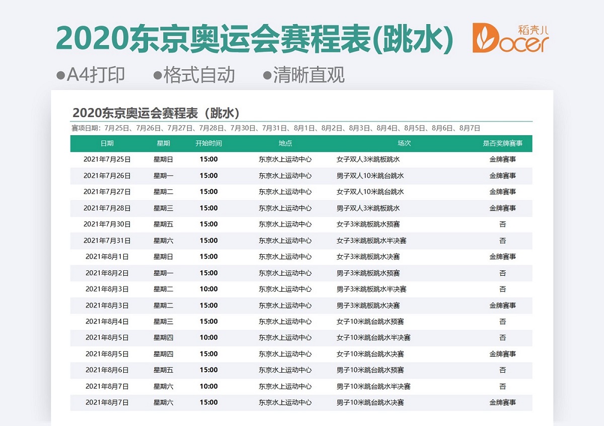 excel模板-跳水赛项赛程表（东京奥运会）