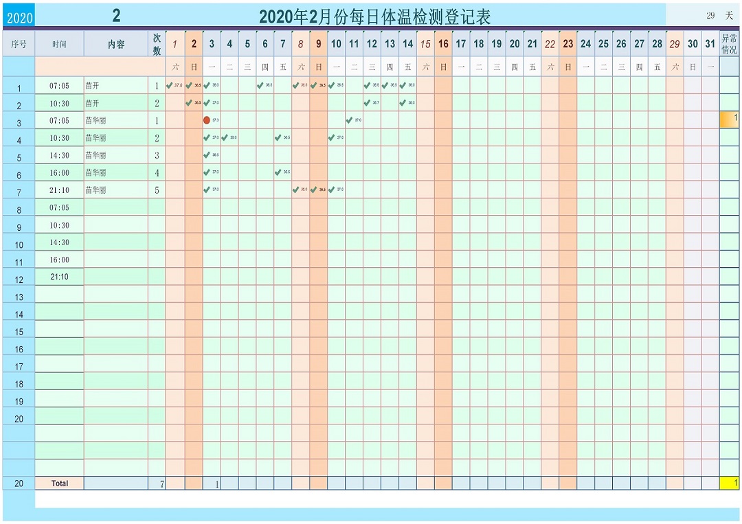 excel模板-家庭或公司每日体温检测登记表