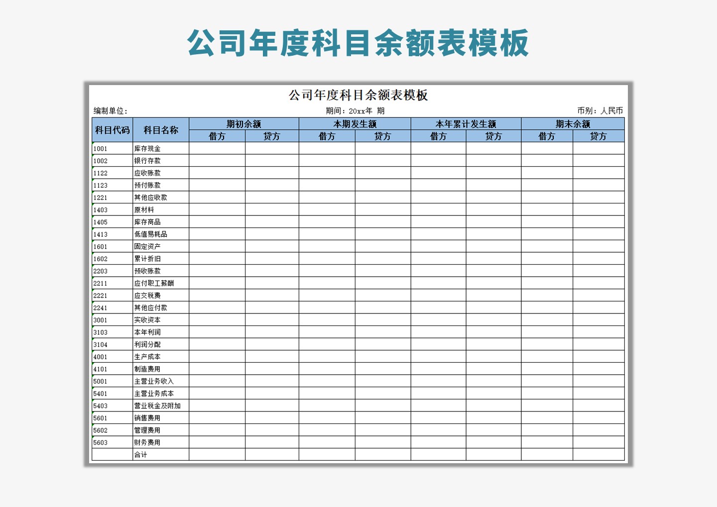 excel模板-公司年度科目余额表模板