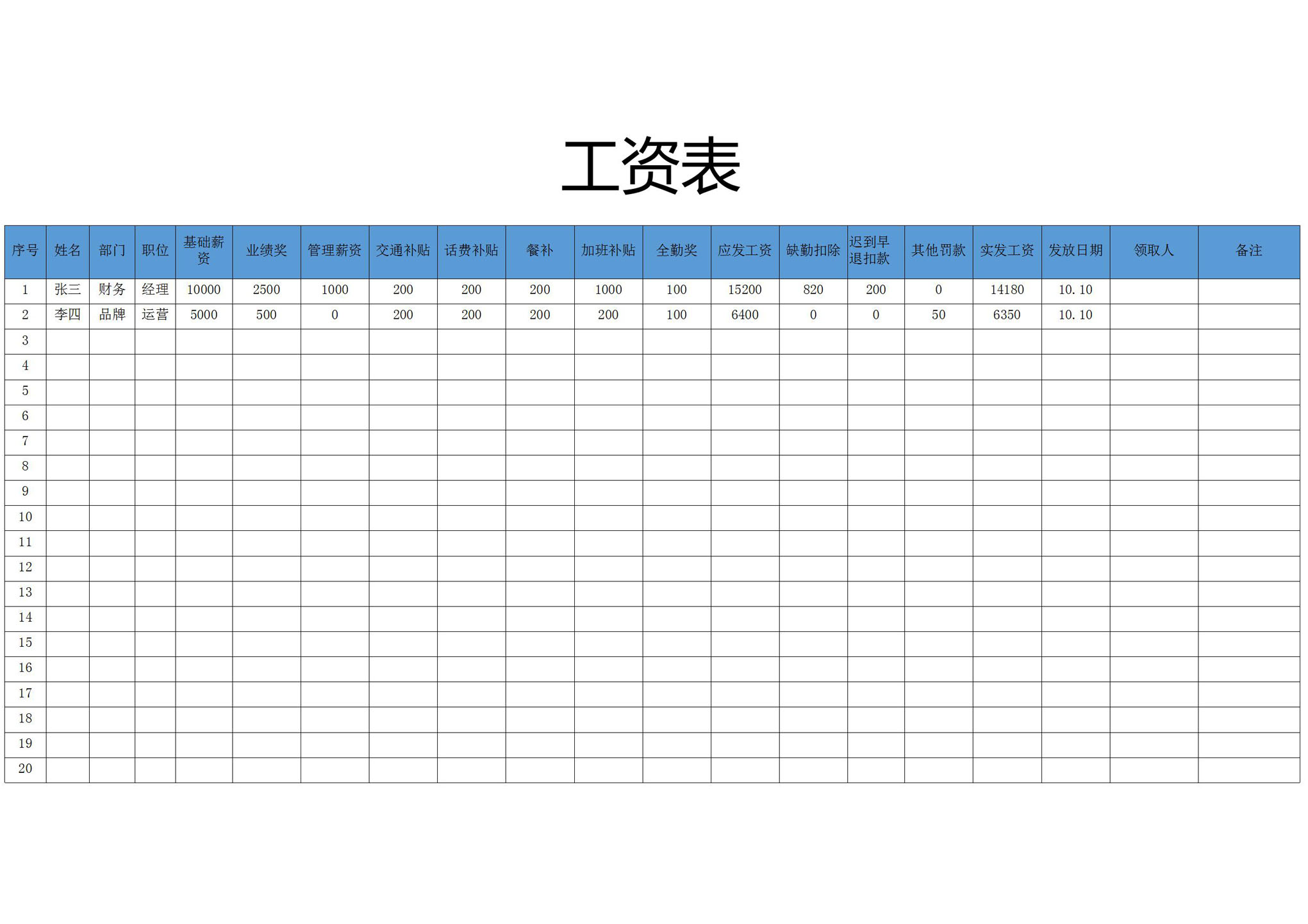 excel模板-人事行政员工工资表通用