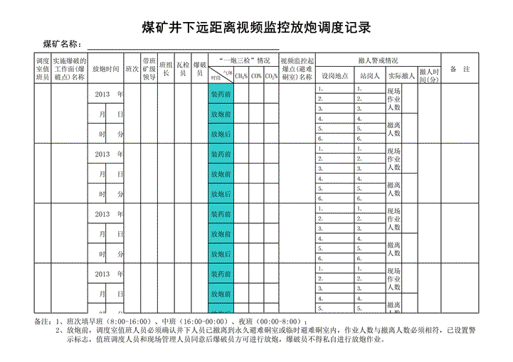 excel模板-煤矿井下远距离放炮调度记录