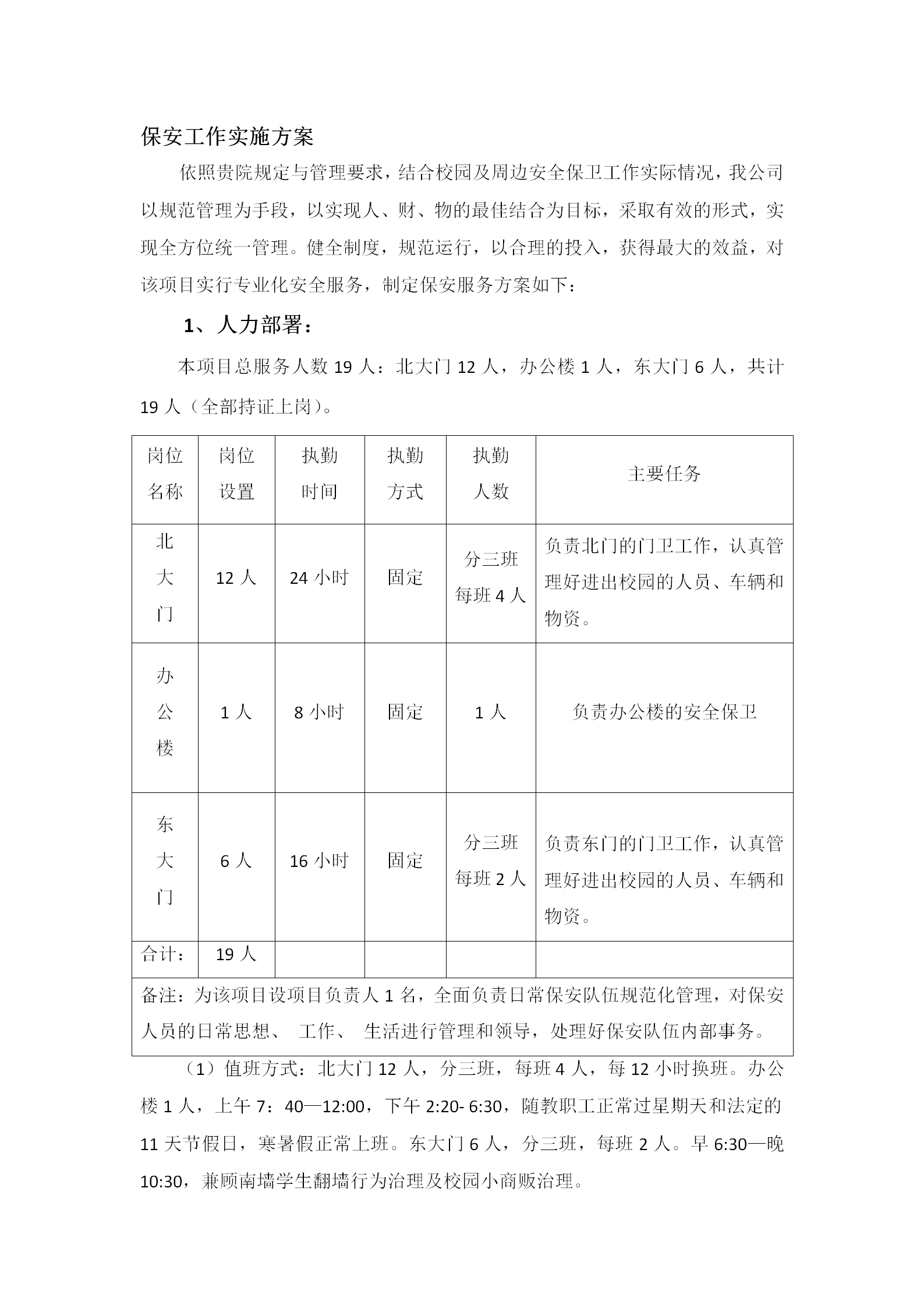 word模板-保安工作实施方案