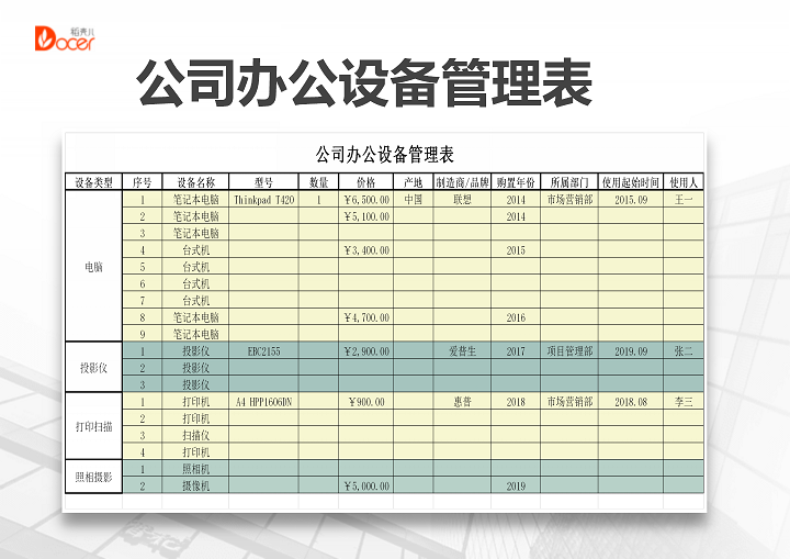 excel模板-简约公司办公设备管理统计表