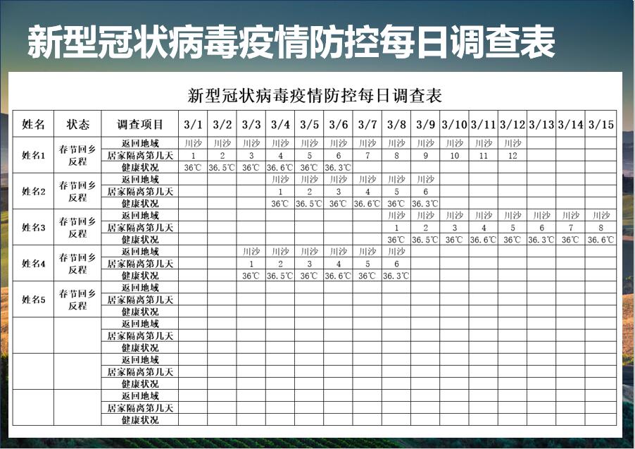 excel模板-新型冠状病毒疫情防控每日调查表